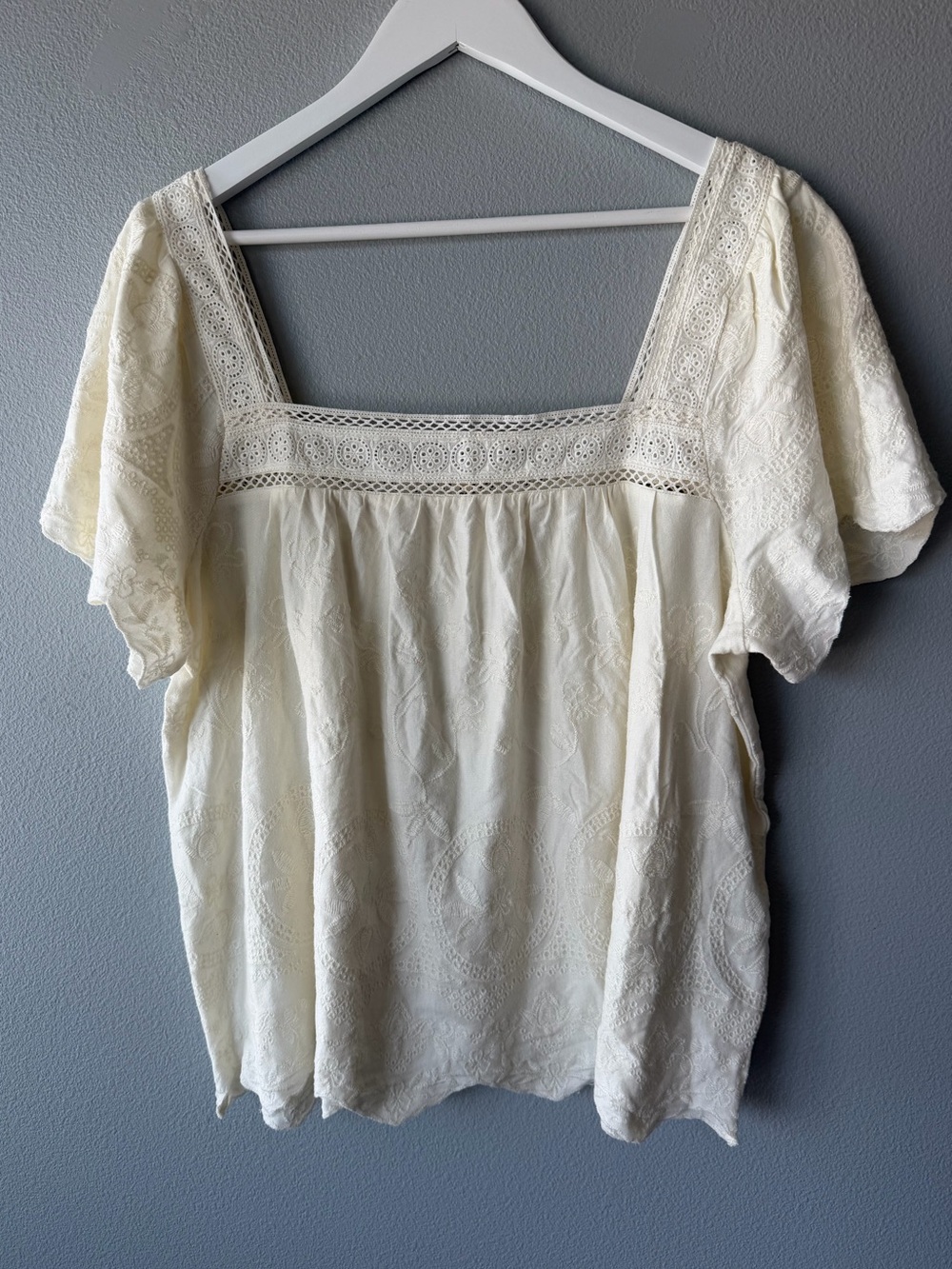 Lucky Brand cream white embroidered square neck short sleeve peasant top sz XL
